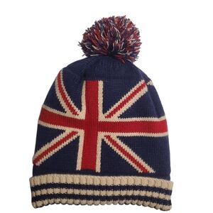 UK Union Jack Knit Winter Pom Pom Hat United Kingdom Flag Acrylic Warm Lining